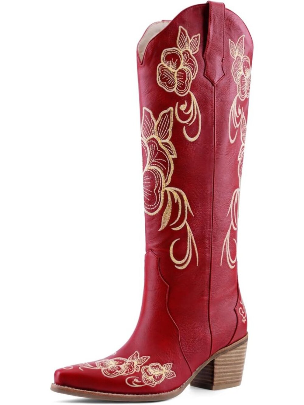 Women Red Faux Leather Western Pointed Toe Cowboy Cowgirl Chunky Block Heel